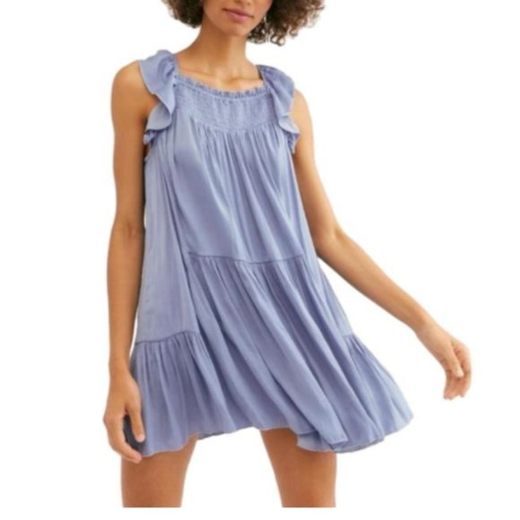 Free People Blue Want Your Love Mini Dress Flowy Reversible Smocked Large L - Picture 2 of 11